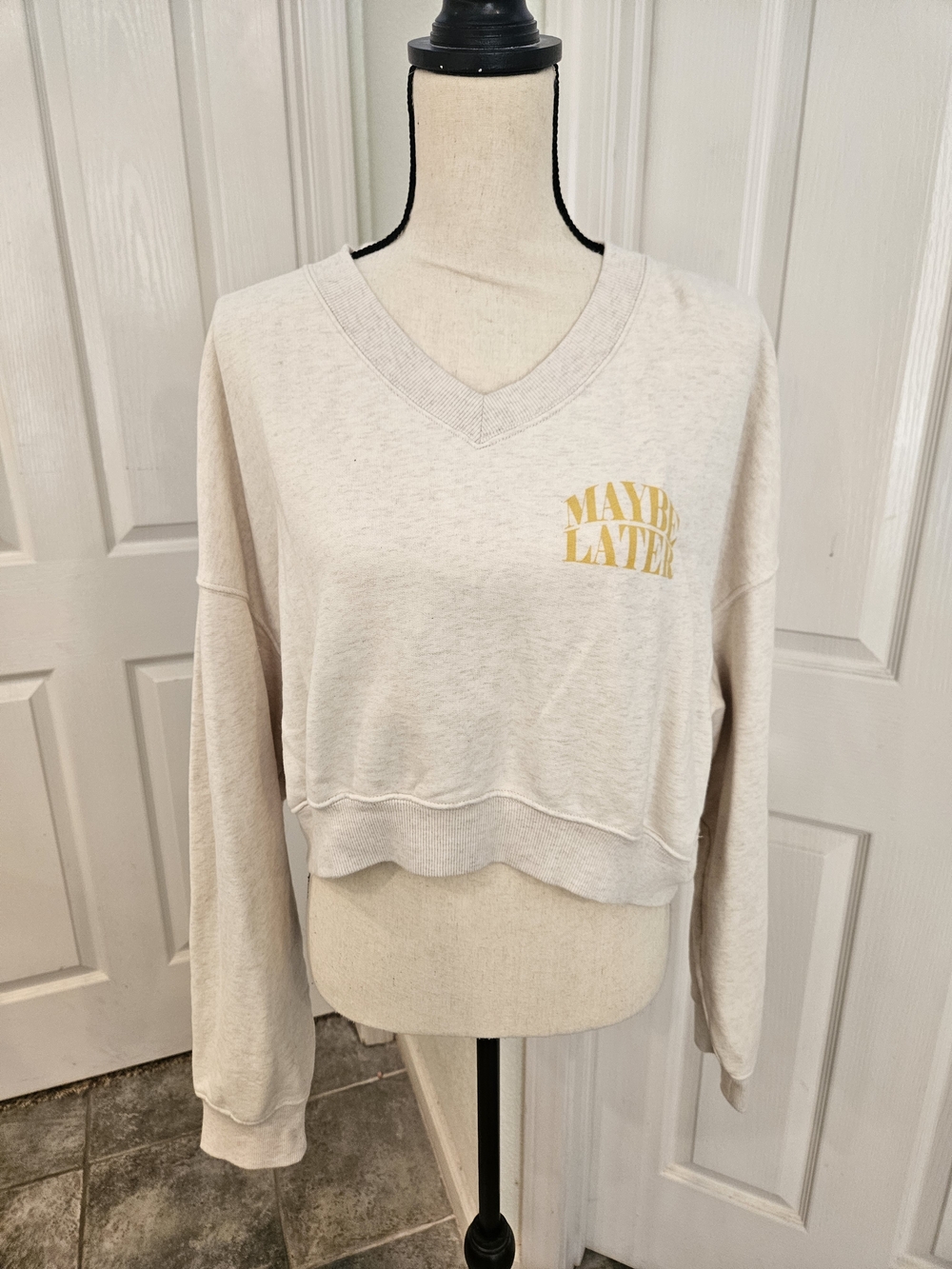 aerie Cream V-Neck Cropped Pullover with Yellow Chest Print